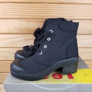 Black Canvas Combat Military Biker Moto Ankle Boots Lace up 8M NEW CL Block Heel